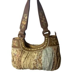 J Jill Boho Patchwork Floral Pleated Shoulder Bag Brown Beige Embroidered